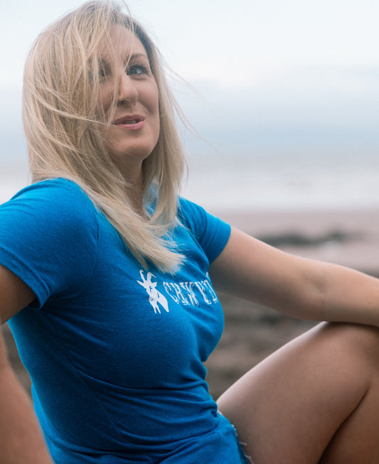Ladies Blue "Crwydro" : "Wanderer" T Shirt